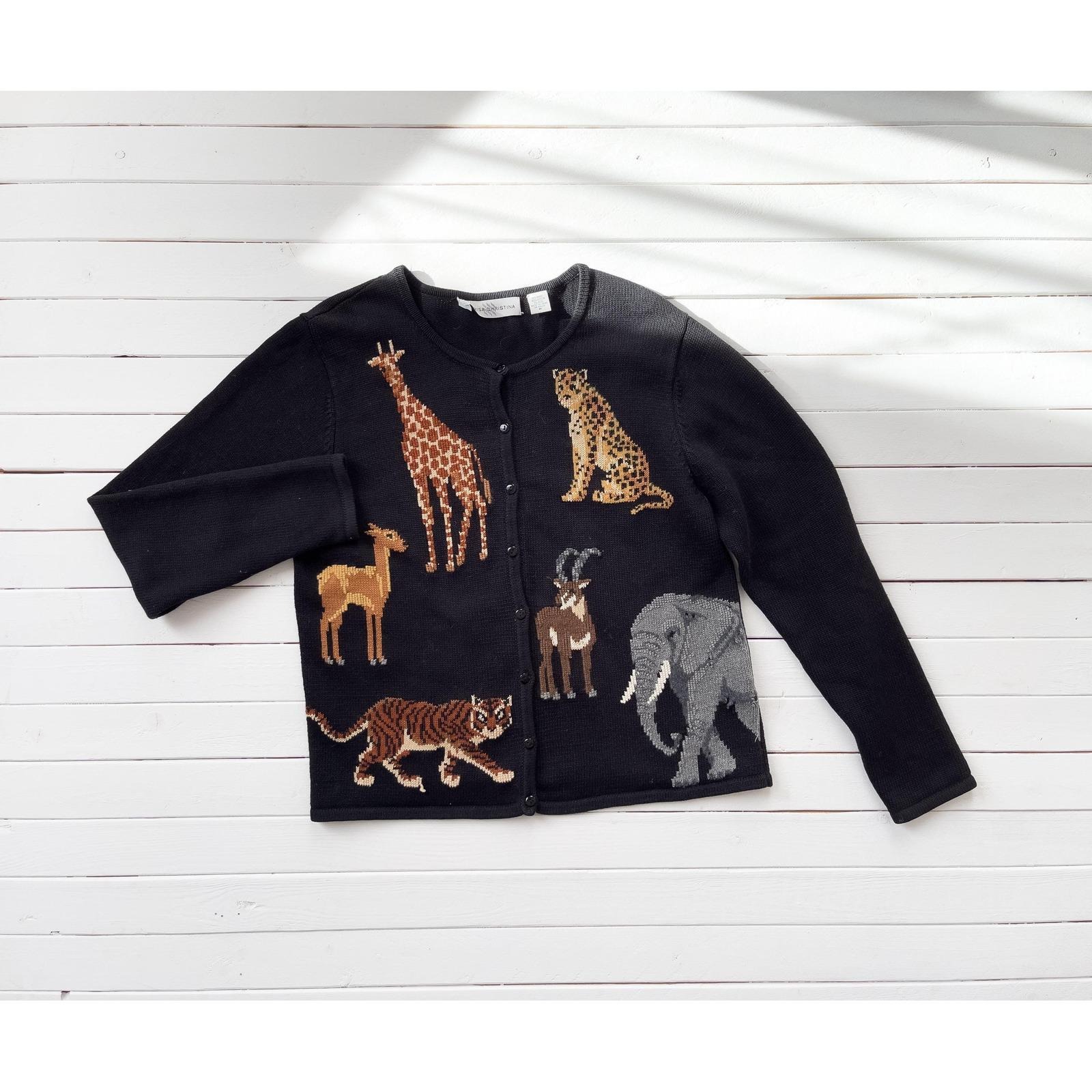 Black Embroidered Sweater 90s Vintage Marisa Christina Safari Animal Cardigan